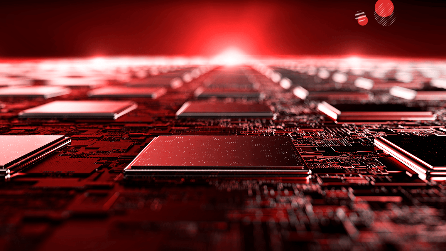 Imagem em tons de vermelho e preto representando servidores dedicados, com diversos processadores sobre uma placa de circuito, simbolizando alta performance, escalabilidade e infraestrutura avançada.