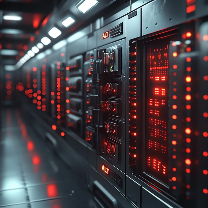 Servidores de data center em operação com luzes de status vermelhas.