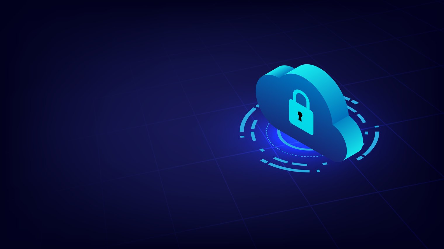 Nuvem privada dedicada com segurança reforçada: ícone 3D de cloud computing com cadeado sobre fundo tecnológico