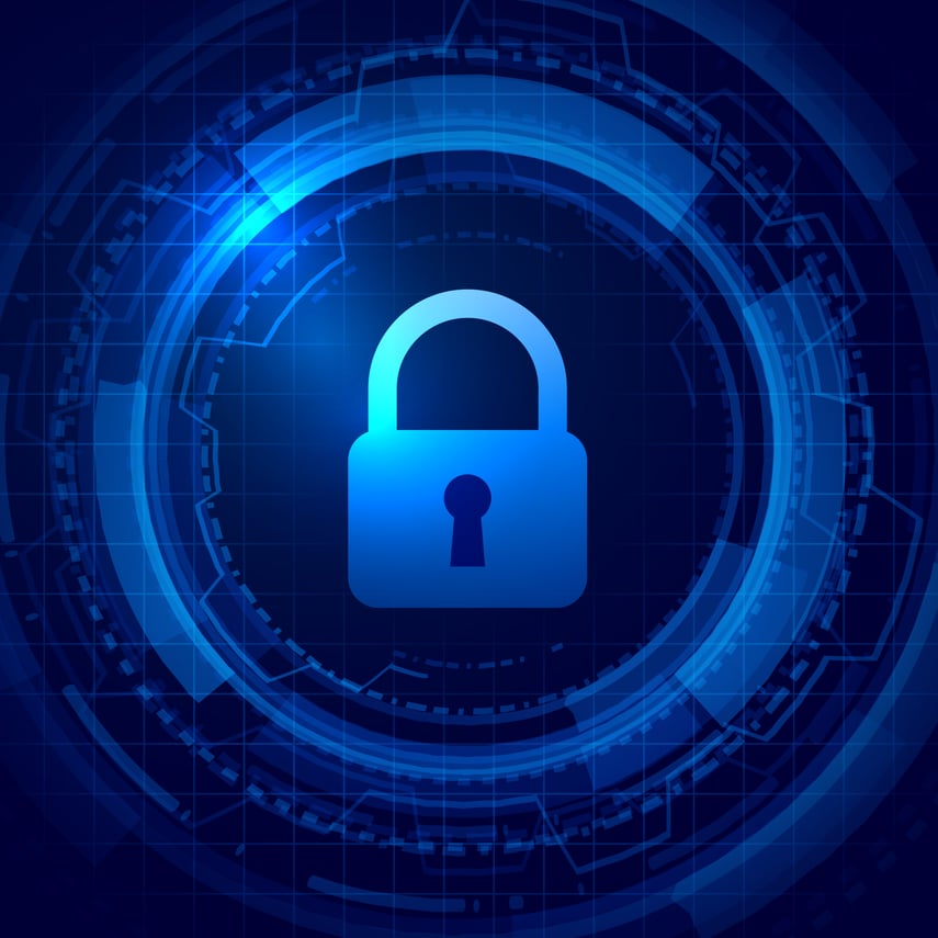 Imagem de um cadeado azul, representado a segurança da tecnologia dos dados.