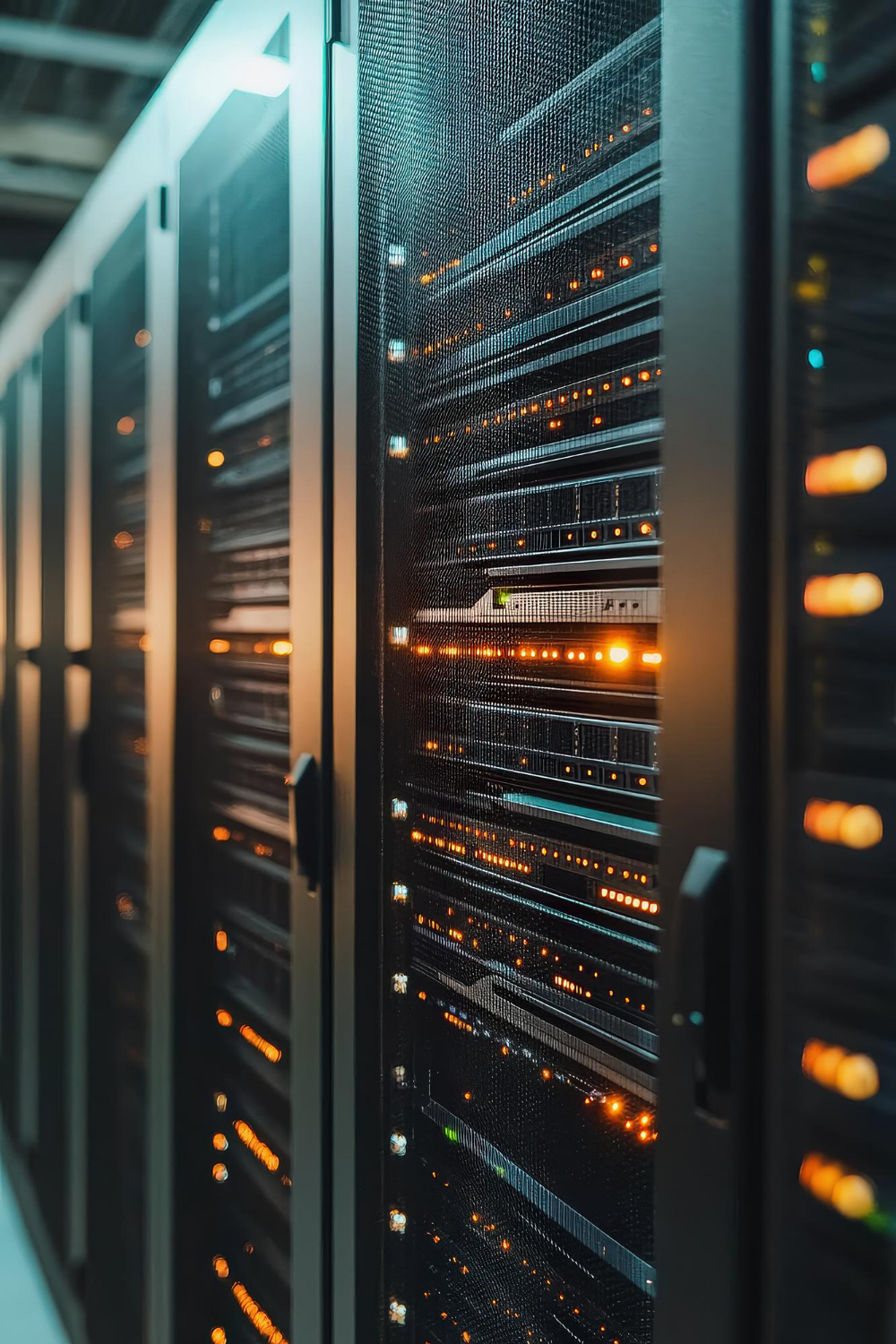 : Fileira de racks de servidores em um data center, com luzes indicadoras de status em tons de laranja e verde brilhando através das portas de malha metálica.