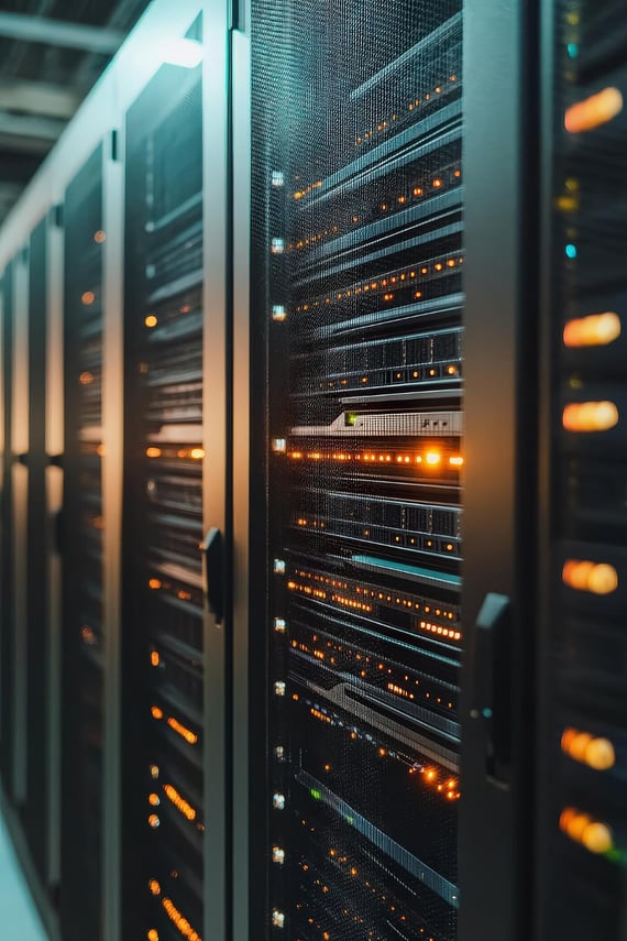 : Fileira de racks de servidores em um data center, com luzes indicadoras de status em tons de laranja e verde brilhando através das portas de malha metálica.
