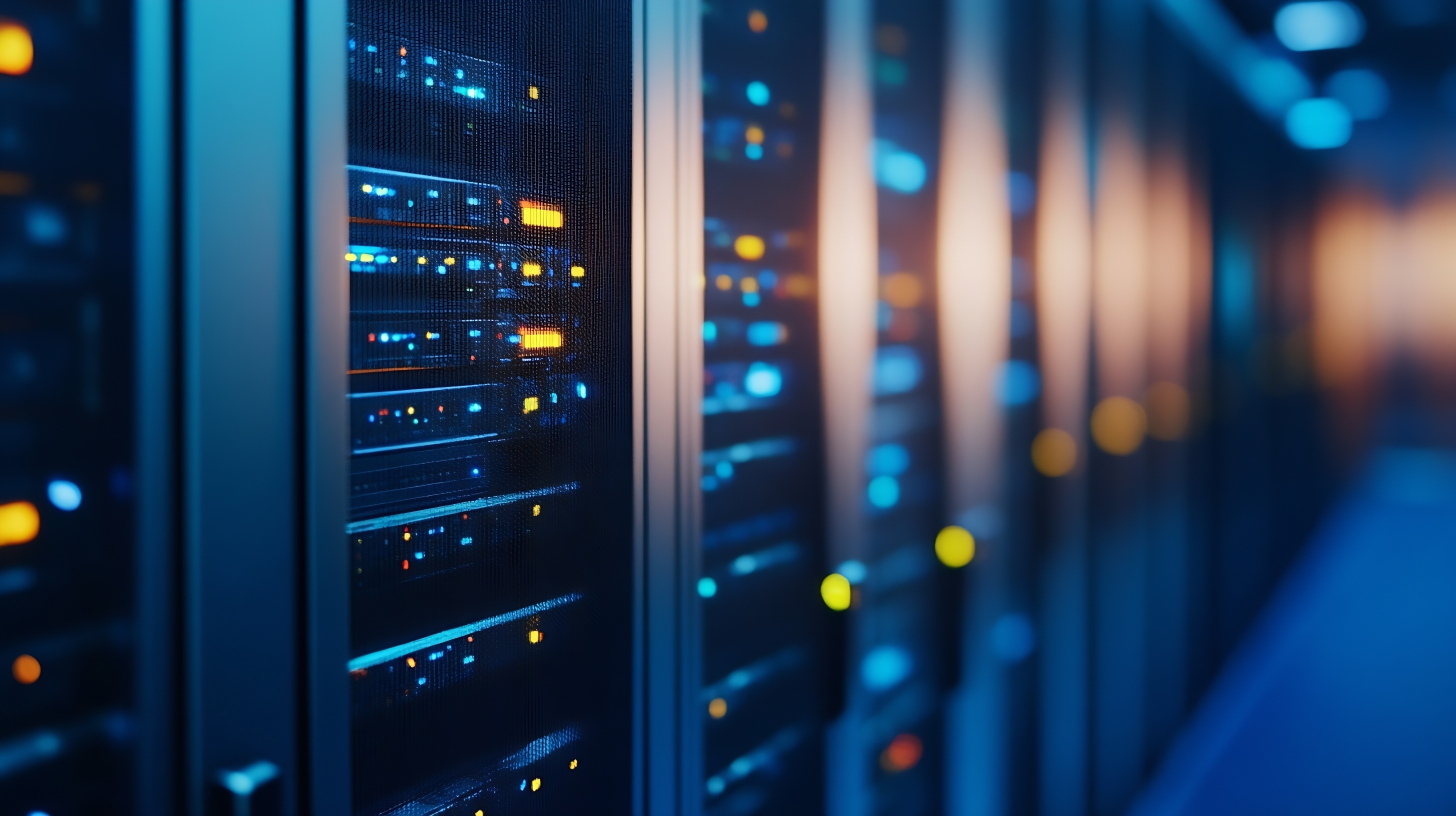 A imagem mostra um corredor de um data center, com fileiras de racks e servidores de alta capacidade dispostos ao longo do ambiente. O foco está em um dos racks à esquerda, enquanto os demais aparecem desfocados ao fundo, criando sensação de profundidade. A iluminação em tons de azul, ciano e amarelo destaca as luzes de atividade dos equipamentos e confere à cena uma estética tecnológica e futurista, remetendo a infraestrutura de computação em nuvem, processamento de dados e ambientes de TI de alta performance.