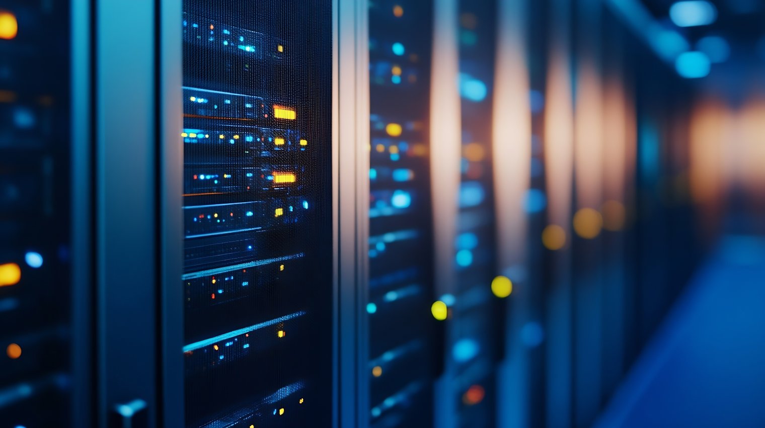 A imagem mostra um corredor de um data center, com fileiras de racks e servidores de alta capacidade dispostos ao longo do ambiente. O foco está em um dos racks à esquerda, enquanto os demais aparecem desfocados ao fundo, criando sensação de profundidade. A iluminação em tons de azul, ciano e amarelo destaca as luzes de atividade dos equipamentos e confere à cena uma estética tecnológica e futurista, remetendo a infraestrutura de computação em nuvem, processamento de dados e ambientes de TI de alta performance.
