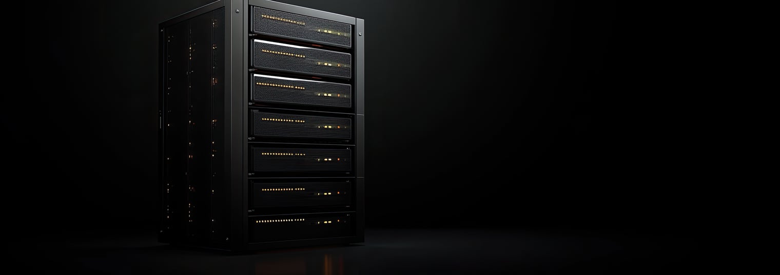 A imagem mostra um rack de servidores preto, isolado em um fundo escuro, com painéis iluminados por pequenos LEDs amarelos e laranjas. A composição transmite potência e estabilidade — o tipo de ambiente projetado para escalar servidores com segurança, mantendo performance mesmo sob cargas crescentes.