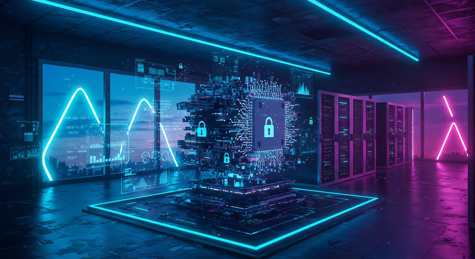 Ilustração futurista de um data center com racks de servidores, interfaces holográficas e um núcleo digital com ícones de cadeado, simbolizando cibersegurança, proteção de dados e infraestrutura de TI. A imagem representa segurança em data centers, criptografia, monitoramento em tempo real, cloud computing e soluções de cybersecurity para ambientes corporativos e nuvem privada.