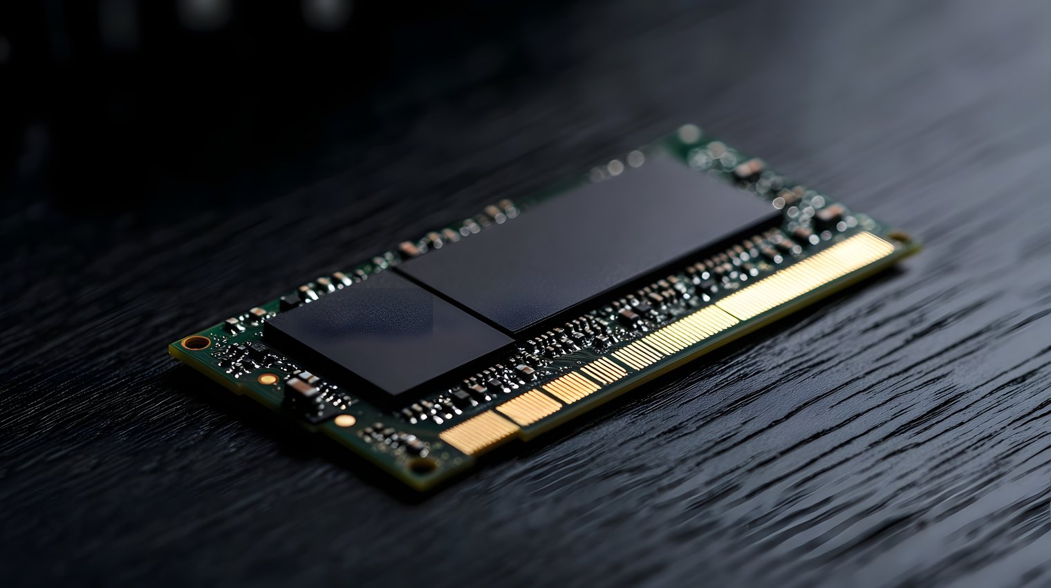 Módulo de SSD NVMe em close sobre superfície preta, mostrando os conectores dourados e componentes eletrônicos do circuito.