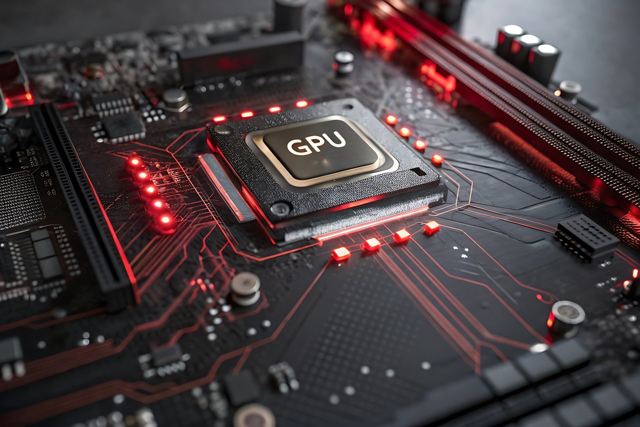 Close-up de um chip GPU instalado em uma placa-mãe, destacando a tecnologia responsável por acelerar cargas de trabalho de inteligência artificial (IA), machine learning, computação de alto desempenho (HPC) e processamento paralelo. A imagem representa infraestrutura moderna para servidores GPU, data centers, cloud computing e aplicações corporativas que exigem alto poder computacional, desempenho e escalabilidade.