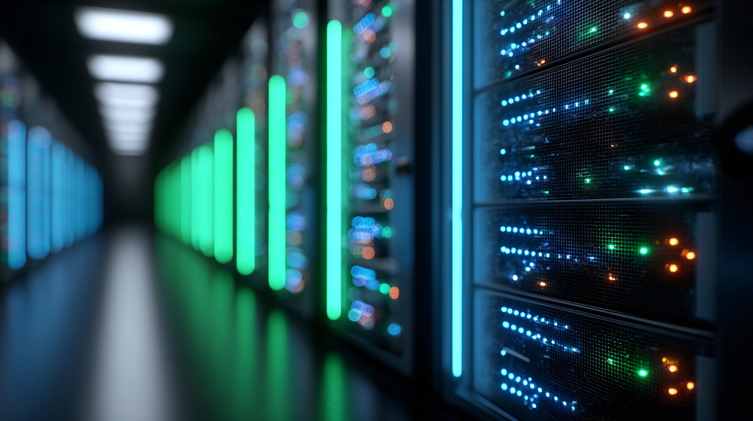 Corredor de data center com racks de servidores em perspectiva, luzes LED verdes e azuis iluminando os equipamentos e indicadores de atividade piscando, com fundo desfocado que reforça profundidade e ambiente tecnológico.