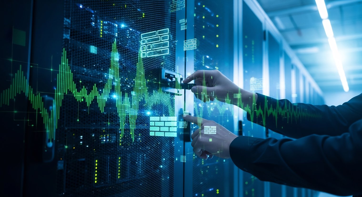 A imagem mostra um **ambiente de data center** moderno, com **racks de servidores** alinhados em um corredor bem iluminado por luzes frias azuladas. Em primeiro plano, aparecem **mãos humanas interagindo com um painel de servidor**, como se estivessem conectando ou ajustando um componente de hardware. Sobreposta à cena física, há uma **camada visual digital** com **gráficos verdes de monitoramento**, semelhantes a ondas ou indicadores de performance, além de **ícones técnicos** que remetem a firewall, redes, blocos de sistema e fluxos de dados. Esses elementos sugerem **monitoramento em tempo real**, análise de desempenho, segurança e controle da infraestrutura. O conjunto transmite a ideia de **infraestrutura de TI avançada**, **cloud computing**, **observabilidade**, **gestão de dados** e **alta disponibilidade**, unindo o mundo físico dos servidores com a camada lógica de software e analytics.