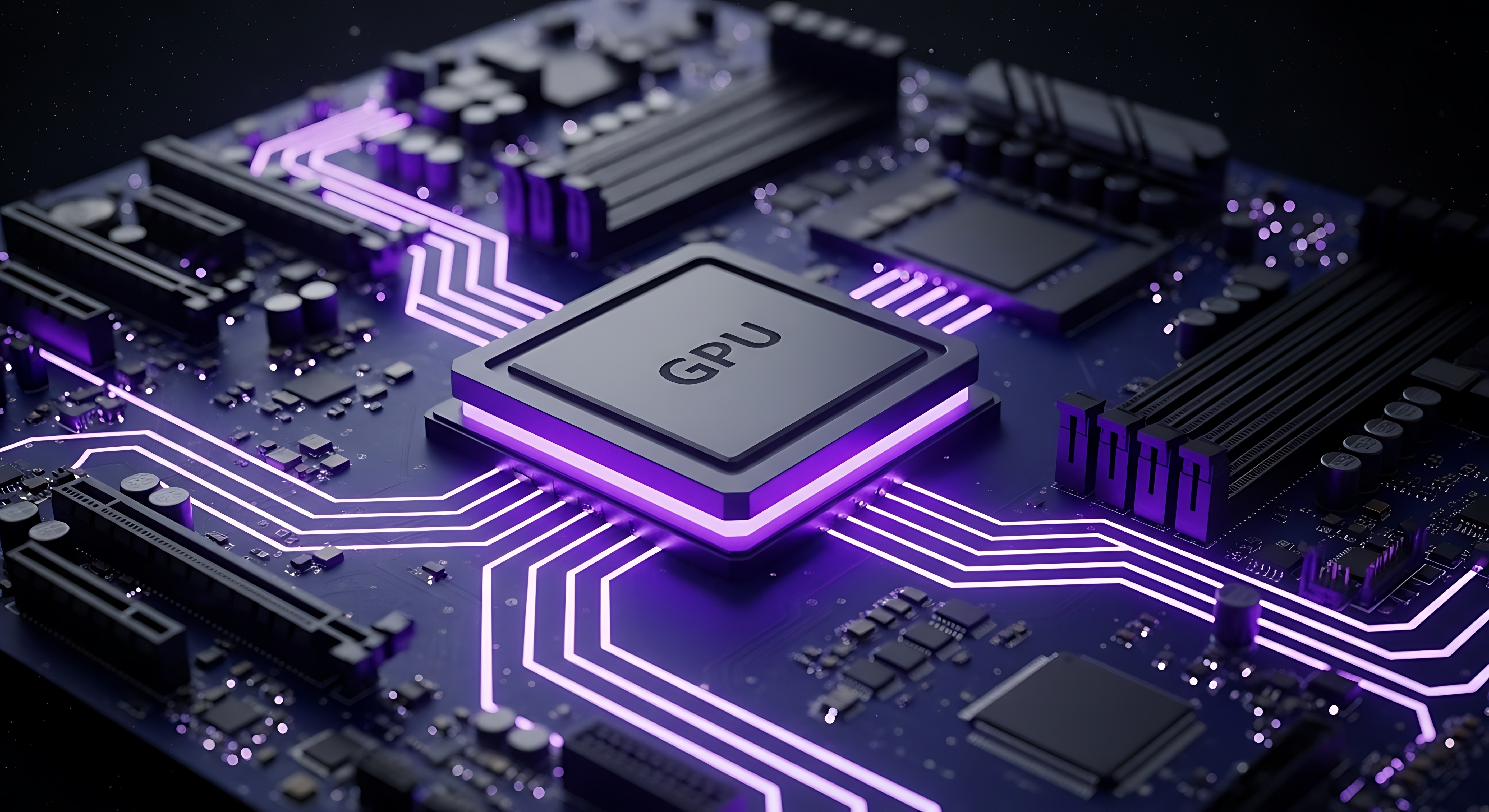 A imagem mostra uma **placa-mãe (motherboard)** em close, com foco central em um **chip grande identificado como “GPU”**. O componente está elevado e iluminado por um brilho roxo/neon, criando um efeito tecnológico e futurista. As **trilhas do circuito** saem do chip em várias direções, também iluminadas em roxo, simulando o fluxo de dados se espalhando pela placa. Ao redor, é possível ver outros elementos eletrônicos, como slots de memória, capacitores, conectores e chips menores, todos em tons escuros (preto e cinza), o que contrasta com a iluminação vibrante. O fundo é escuro, com pequenos pontos de luz que lembram partículas ou estrelas, reforçando a sensação de alta tecnologia, desempenho e processamento avançado — algo associado a **IA, computação de alto desempenho ou data centers**. No geral, a estética é moderna, limpa e conceitual, típica de materiais visuais sobre **hardware, processamento gráfico, cloud computing ou infraestrutura tecnológica**.