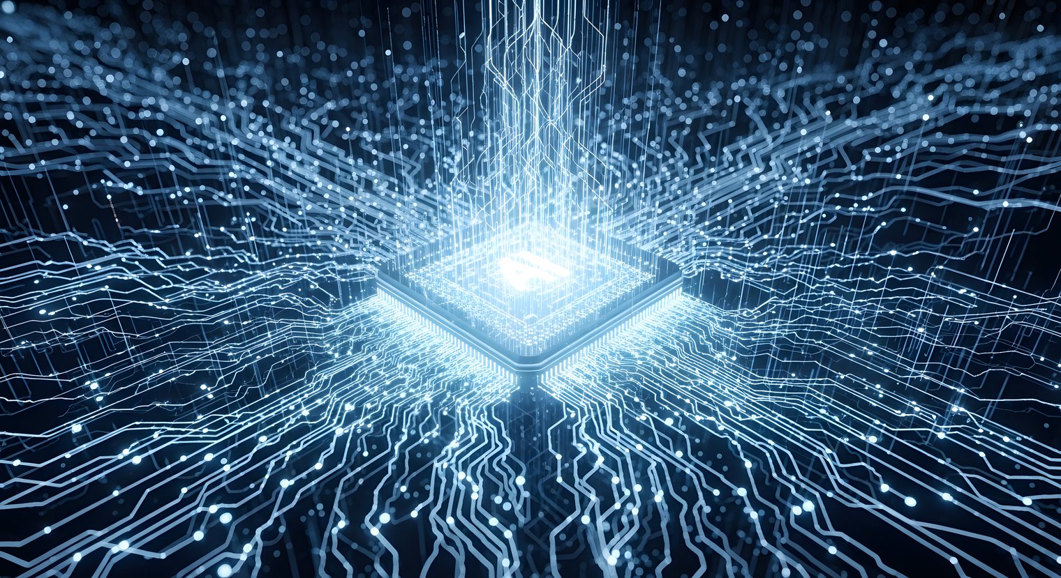 A imagem mostra uma representação futurista e altamente tecnológica de um processador no centro de um ambiente digital. O chip aparece brilhando intensamente, como se estivesse emitindo energia ou processando um grande volume de dados. Dele saem milhares de linhas luminosas, semelhantes a circuitos eletrônicos, que se espalham em todas as direções. Essas linhas criam a sensação de fluxo contínuo de informação, conectividade e alta velocidade. O cenário é escuro ao fundo, o que destaca ainda mais o brilho azul-claro e branco dos circuitos e do processador, transmitindo uma atmosfera de inovação, poder computacional e inteligência artificial. É uma composição visual que simboliza arquitetura de hardware avançada, redes digitais e processamento massivo de dados.