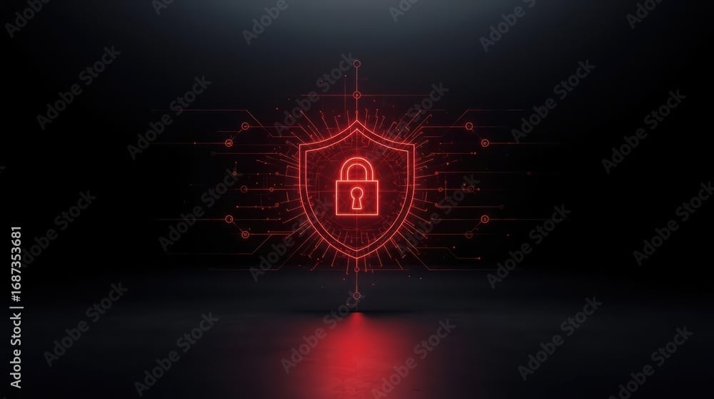 Um escudo vermelho brilhante com um cadeado no centro aparece sobre um fundo escuro, cercado por linhas de circuito digital que representam a segurança de rede e a proteção de dados. A imagem simboliza a confiabilidade do backup e das soluções de disaster recovery e DRaaS em ambientes corporativos.