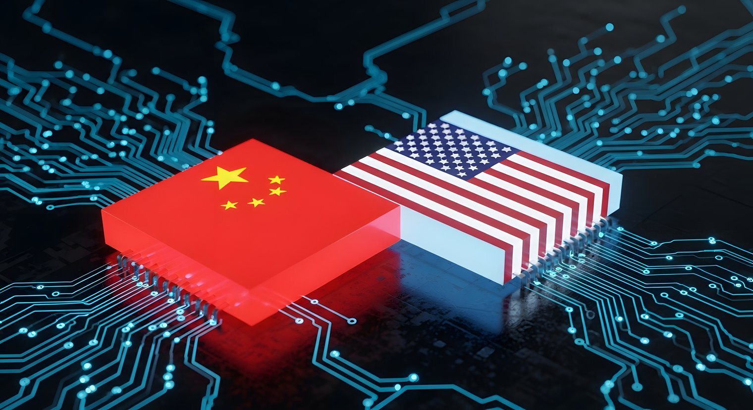 A imagem ilustra dois chips de semicondutores estilizados como blocos tecnológicos, posicionados lado a lado sobre uma placa de circuito eletrônico. À esquerda, o chip vermelho com a bandeira da China; à direita, o chip com a bandeira dos Estados Unidos. Ambos estão conectados por trilhas luminosas azuis que se espalham pela placa, sugerindo fluxo de dados, interdependência tecnológica e competição. O contraste de cores e a proximidade entre os chips reforçam a ideia de disputa estratégica no setor de semicondutores, simbolizando a chamada guerra dos chips, em que tecnologia, geopolítica e infraestrutura digital se entrelaçam.