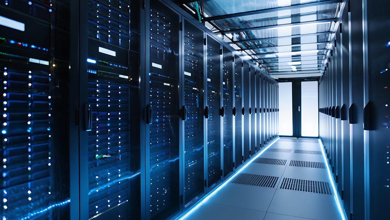 Corredor de um data center moderno com racks de servidores em ambos os lados, iluminação azul e infraestrutura de alta disponibilidade para armazenamento e processamento de dados.