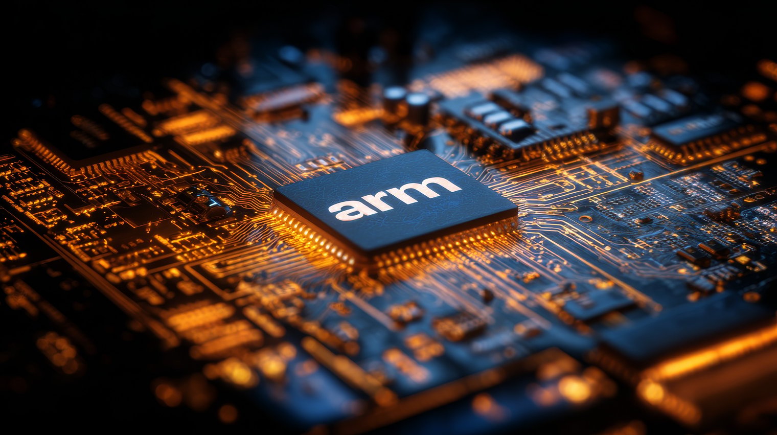 A imagem mostra um close-up de uma placa de circuito eletrônico iluminada por tons alaranjados. No centro, há um chip com o logotipo “arm”, claramente destacado e em foco. As trilhas do circuito se espalham pelo restante da placa, criando um padrão complexo de conexões metálicas. A iluminação quente dá aparência de energia fluindo e reforça o contraste entre o chip e os componentes ao redor. Trata-se de uma cena tecnológica que enfatiza o processador ARM como elemento principal.