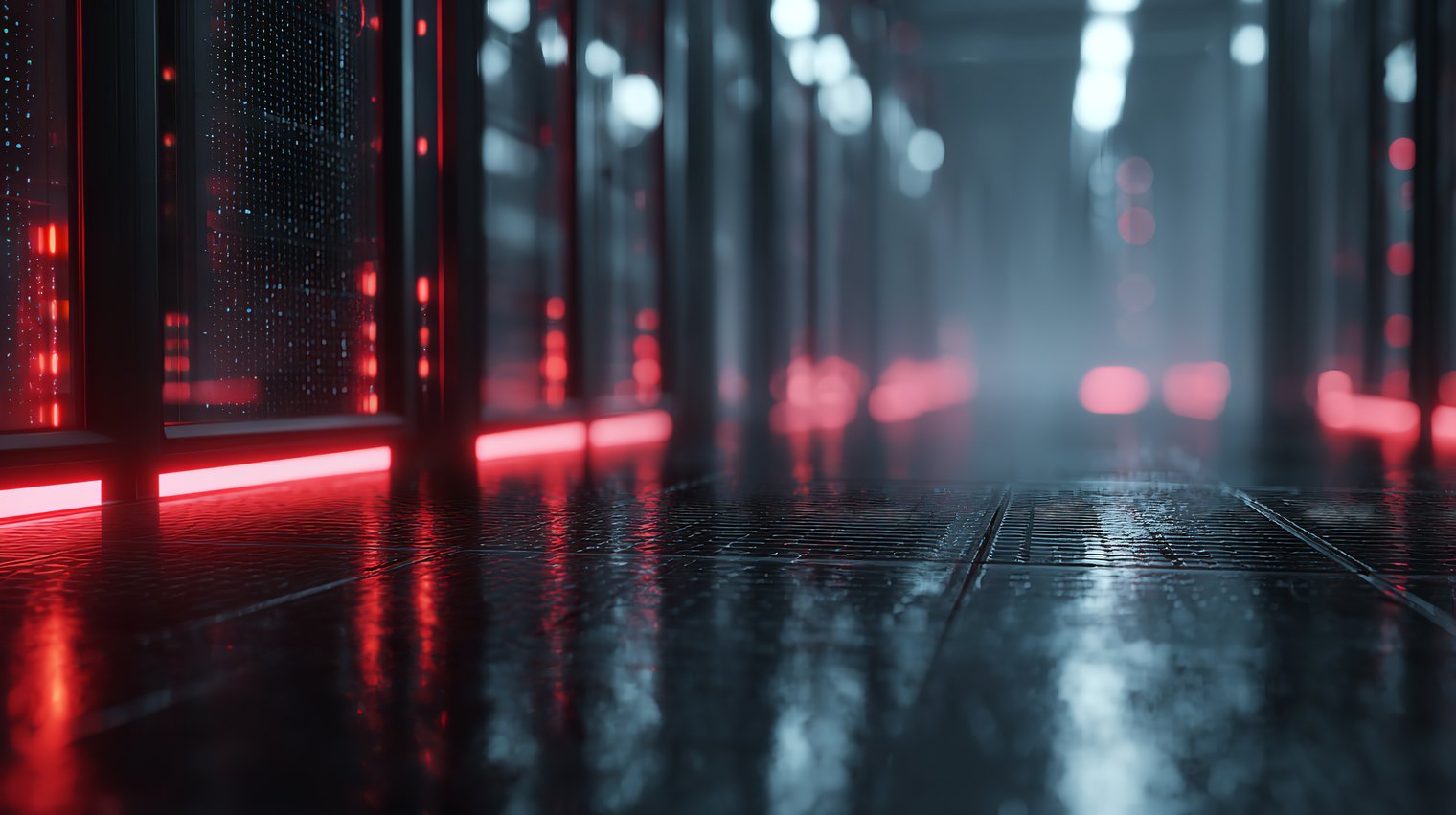 Corredor de data center com iluminação vermelha refletindo no piso úmido, destacando racks em operação contínua — uma cena que transmite resiliência, alta disponibilidade e ambientes projetados para manter o RTO no mínimo possível.