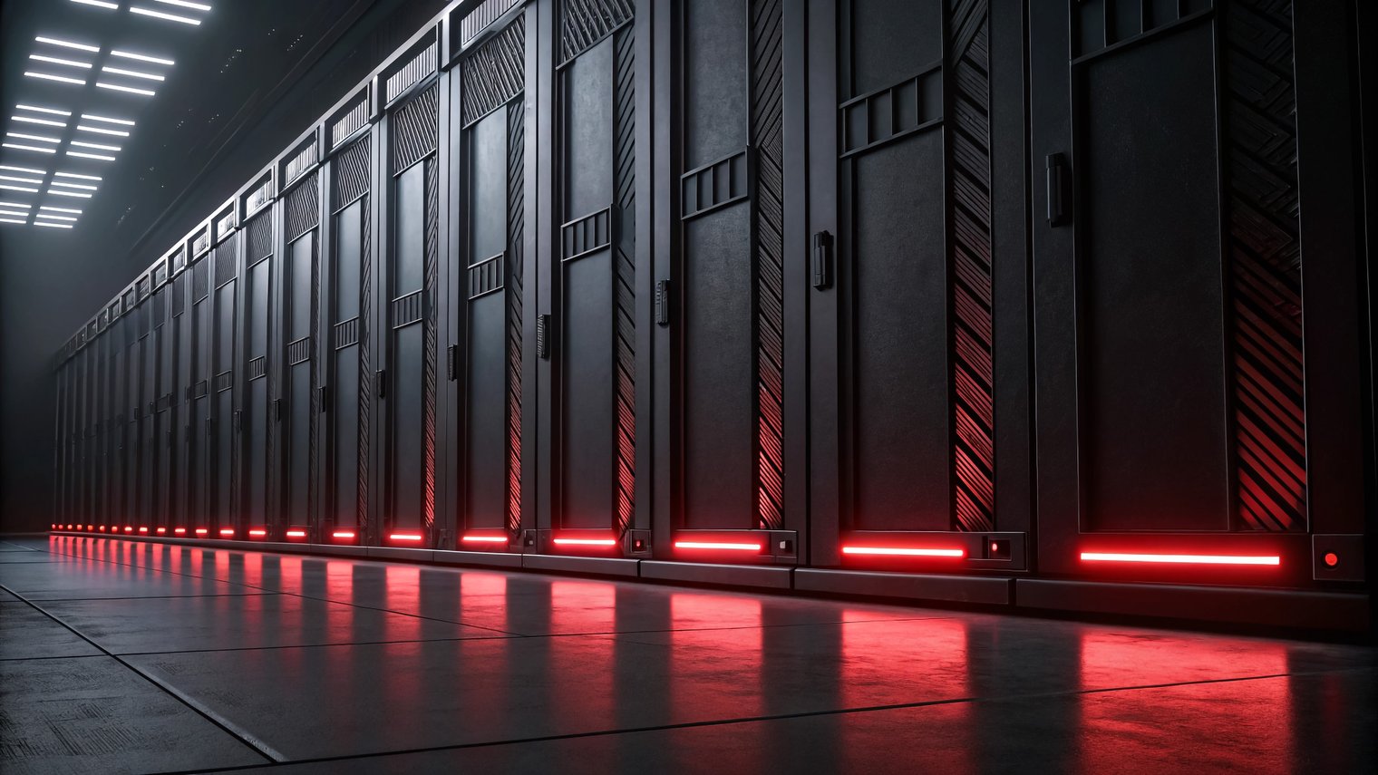 Sala de servidores moderna com racks pretos e iluminação em LED vermelho, representando a infraestrutura necessária para suportar um PCN eficaz.