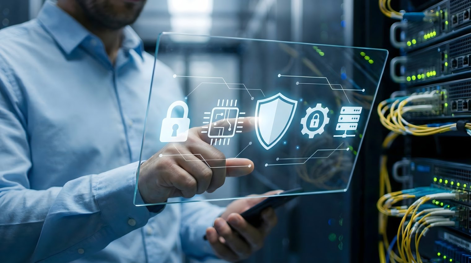 Profissional em um data center interagindo com uma interface digital transparente exibindo ícones de cadeado, escudo, chip e servidores, representando cibersegurança, proteção de dados e infraestrutura de TI.