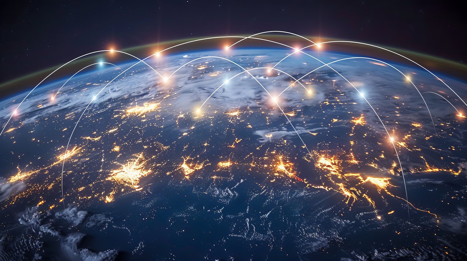 A imagem mostra o planeta Terra visto do espaço, parcialmente iluminado, com o lado noturno revelando diversas cidades brilhando em tons dourados e alaranjados. Sobre a superfície do globo, há várias linhas curvas luminosas conectando diferentes pontos do planeta, formando uma espécie de rede global. Essas linhas parecem representar conexões digitais ou fluxos de dados, sugerindo comunicação, internet, tecnologia ou infraestrutura de rede em escala mundial. O fundo é escuro, com o espaço e algumas estrelas visíveis, reforçando a perspectiva orbital. No geral, a cena transmite a ideia de conectividade global, troca de informações em tempo real e integração tecnológica entre continentes.