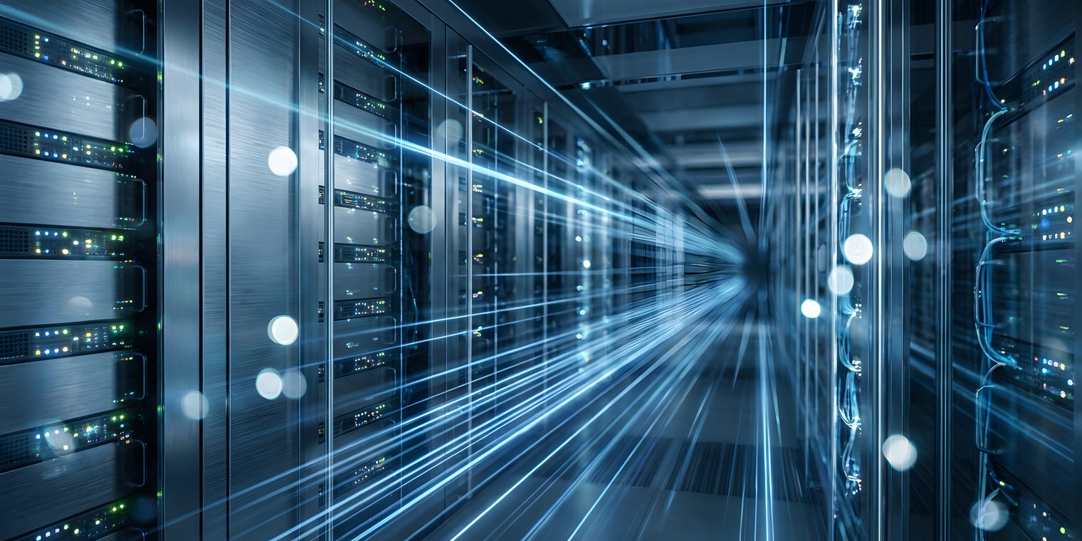 Corredor de data center com racks de servidores alinhados em ambos os lados, luzes de LED indicando atividade e efeitos visuais de feixes azuis sugerindo alta velocidade de processamento e transmissão de dados.