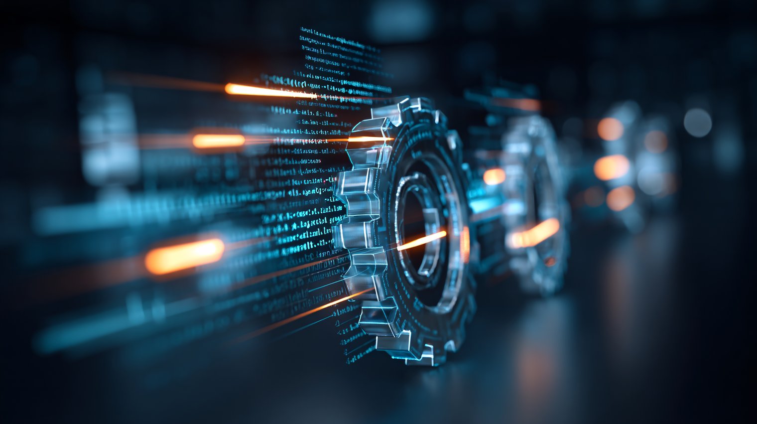 Ilustração de engrenagens digitais com linhas de código e feixes de luz em movimento, representando automação de processos, integração de sistemas e desenvolvimento de software.