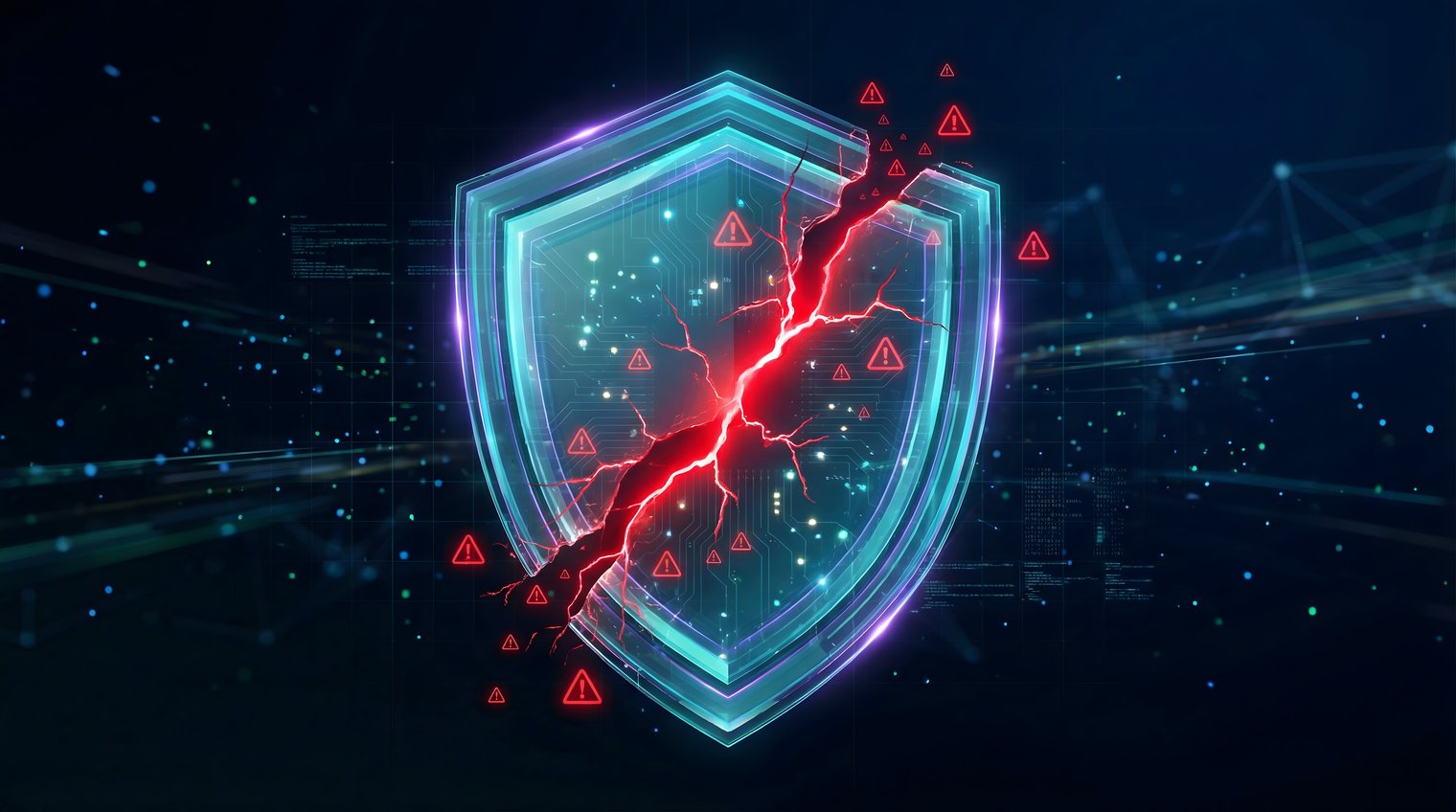 Ilustração digital de um escudo de segurança rachado por uma fissura vermelha, cercado por ícones de alerta, simbolizando vulnerabilidades em cibersegurança e falhas de proteção de dados. A imagem representa ataques cibernéticos, brechas de segurança, riscos de malware, ameaças digitais e a necessidade de fortalecer a segurança da informação em ambientes corporativos, cloud computing e infraestrutura de TI.