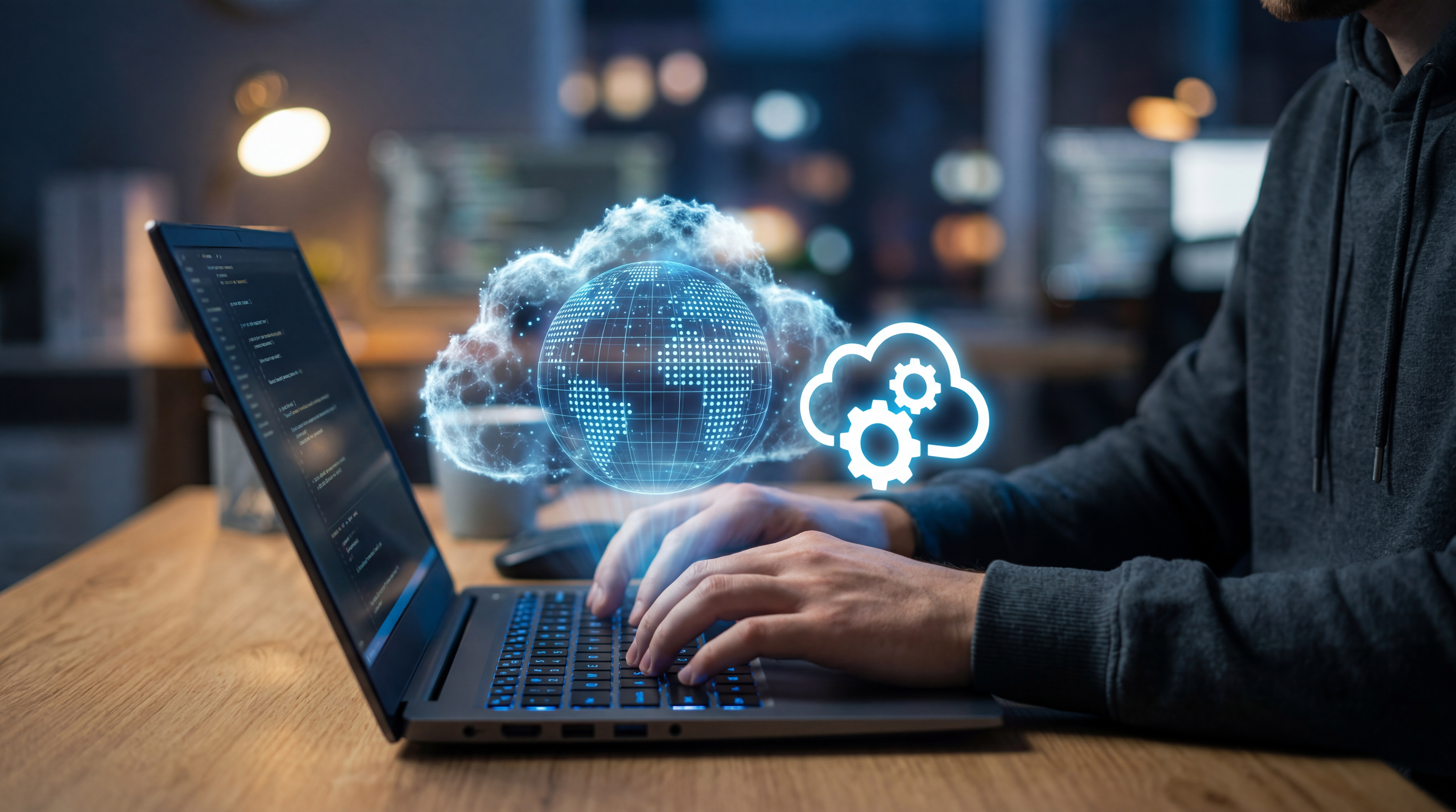 Pessoa utilizando um notebook com elementos holográficos de nuvem, engrenagens e globo digital ao redor, representando computação em nuvem, automação e conectividade global em tecnologia.