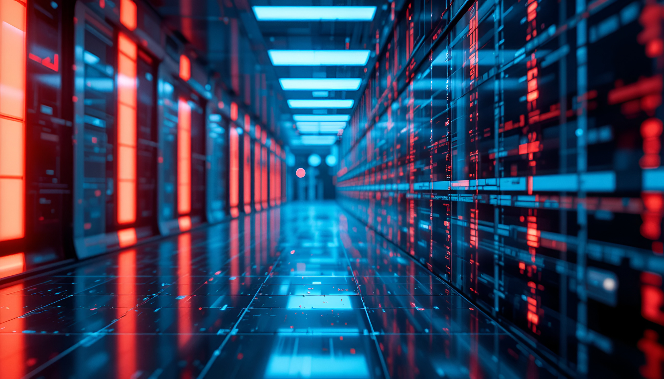 Visão interna de uma sala de servidores de última geração. A imagem destaca a simetria de racks de servidores com iluminação neon azul e vermelha, representando o processamento de dados em tempo real, monitoramento avançado e infraestrutura Cloud Edge da Eveo.