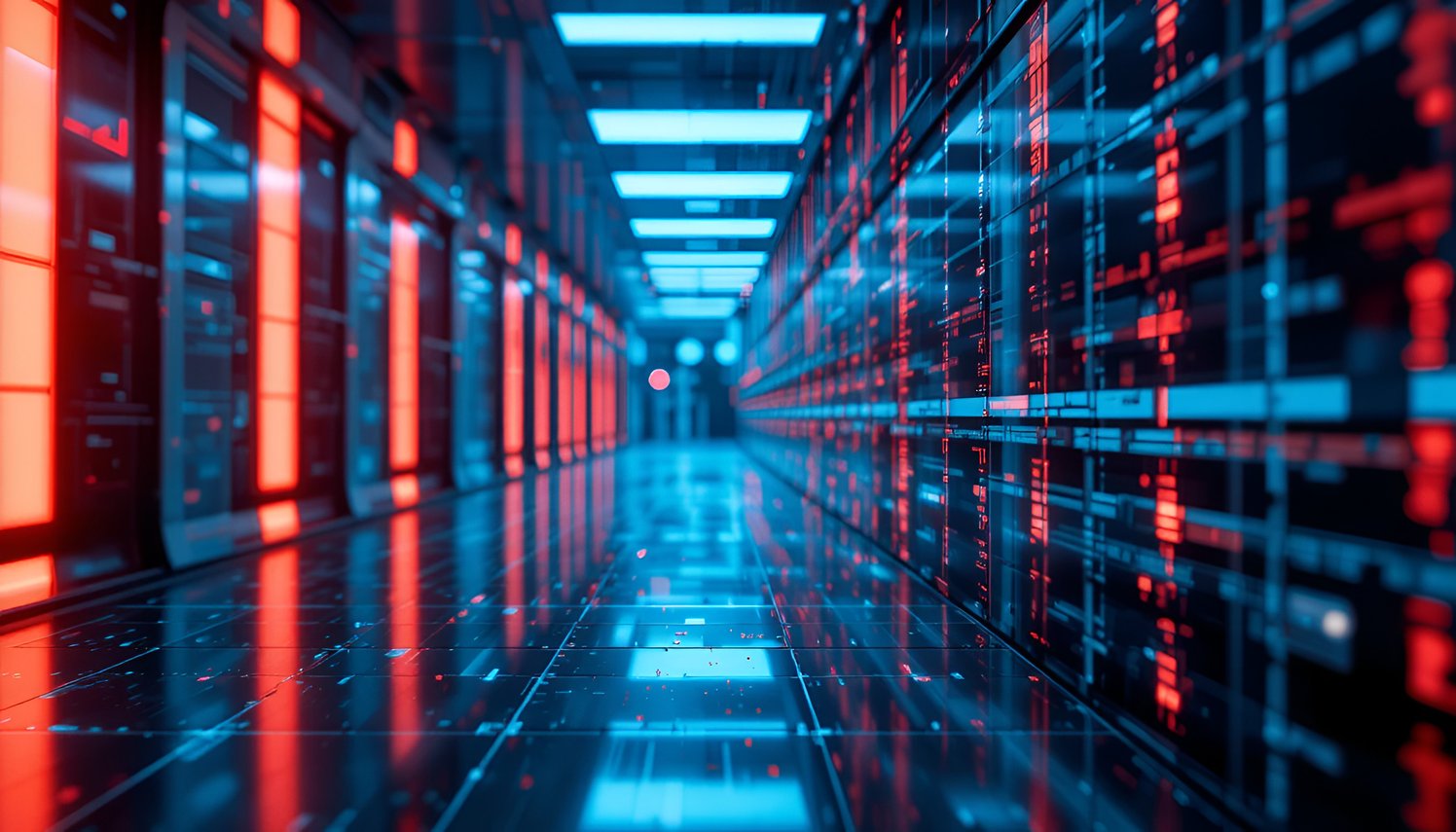 Visão interna de uma sala de servidores de última geração. A imagem destaca a simetria de racks de servidores com iluminação neon azul e vermelha, representando o processamento de dados em tempo real, monitoramento avançado e infraestrutura Cloud Edge da Eveo.