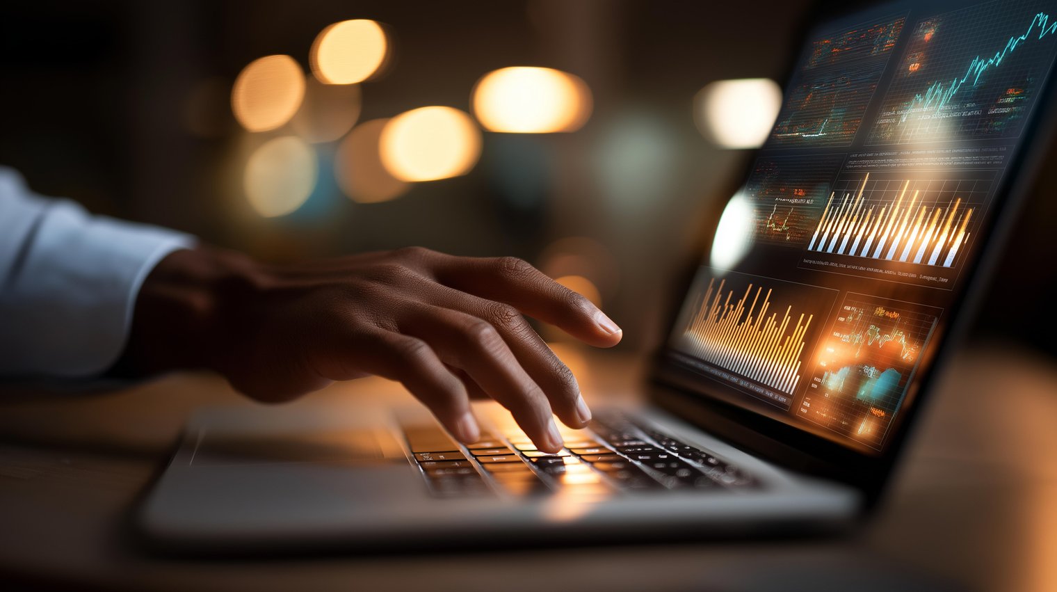 Pessoa utilizando um notebook com gráficos, dashboards e indicadores financeiros na tela, representando análise de dados, monitoramento de desempenho e business intelligence.