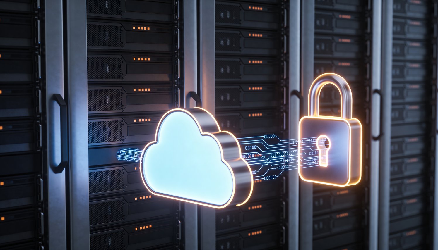 A imagem representa um cenário de armazenamento seguro em nuvem, combinando elementos de infraestrutura física e cloud computing em uma composição tecnológica moderna. À esquerda, há um rack de servidores com múltiplos equipamentos empilhados, simbolizando a infraestrutura de data center responsável pelo processamento e armazenamento dos dados. Do rack parte um feixe luminoso que se conecta a uma grande nuvem digital holográfica posicionada ao centro-direita da imagem. Na frente da nuvem, destaca-se um cadeado transparente iluminado, reforçando a ideia de proteção, privacidade e controle de acesso. Ao redor da nuvem, anéis com códigos binários e elementos gráficos digitais sugerem circulação de informações, conectividade e monitoramento contínuo dos dados. A combinação das cores azul e laranja cria um contraste visual que transmite simultaneamente tecnologia, inovação e segurança.