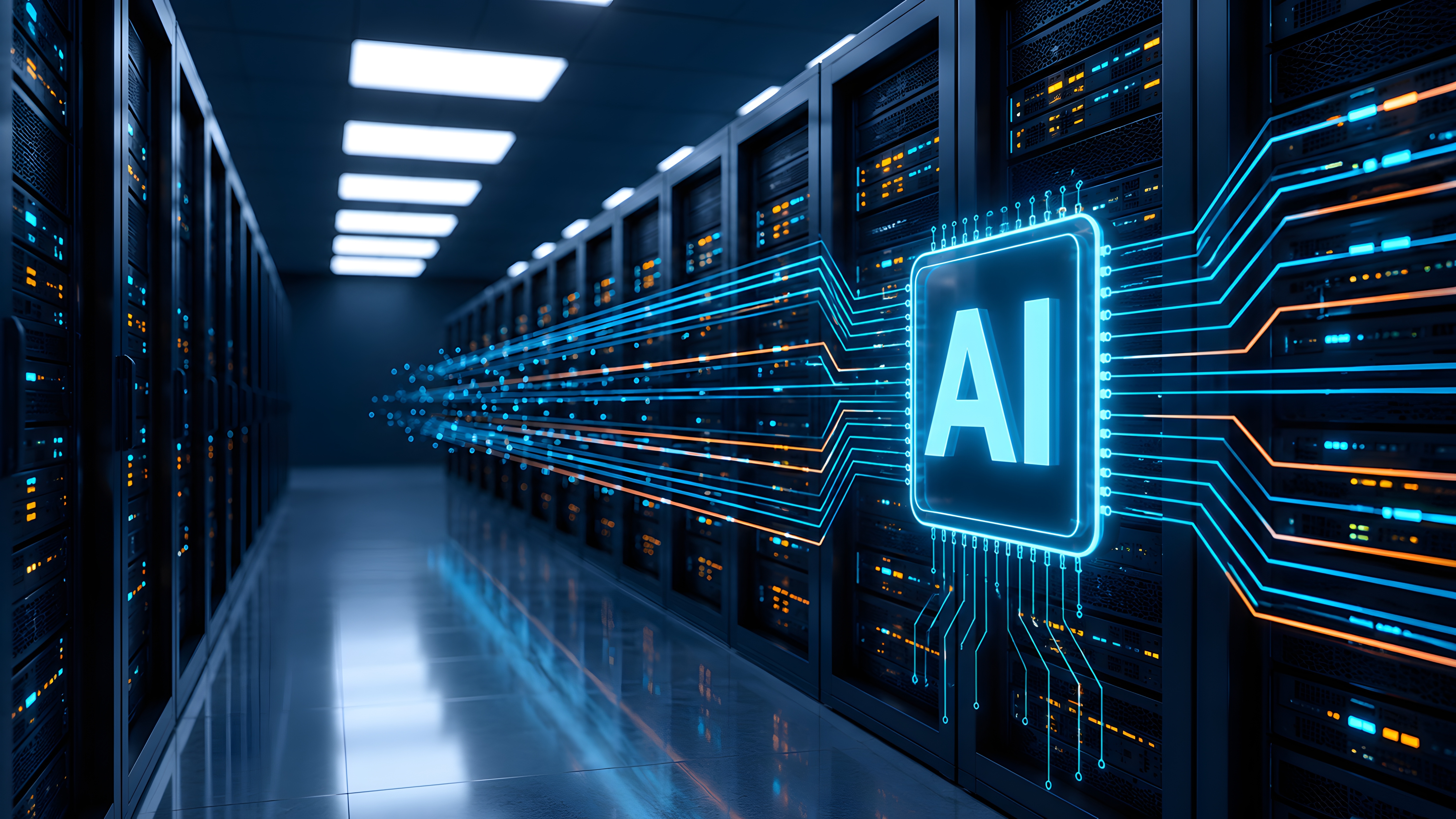 Corredor de data center com racks de servidores e representação gráfica de inteligência artificial (IA), simbolizando infraestrutura de alta performance para processamento de dados, GPUs e computação em nuvem.