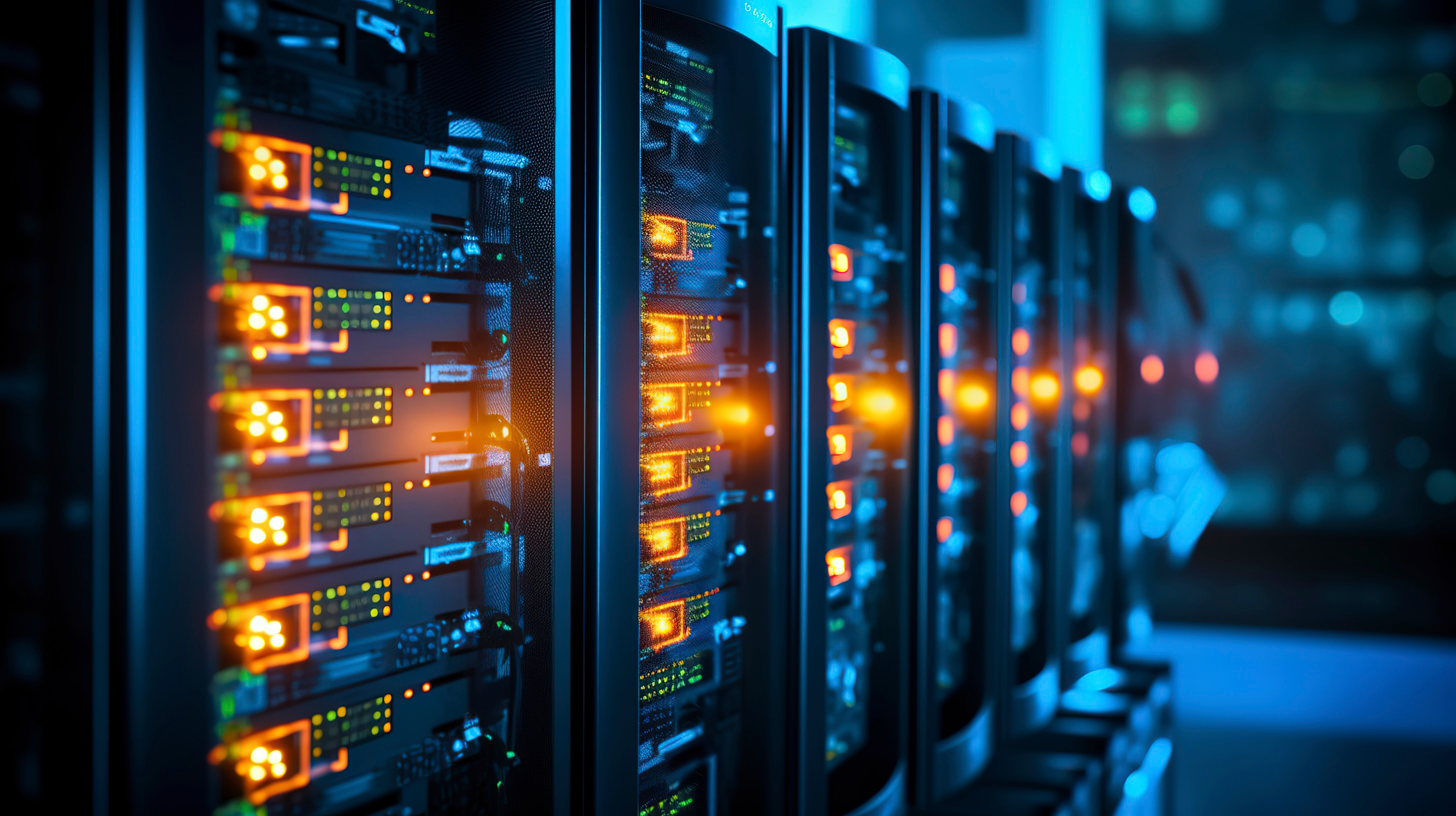 Visão em perspectiva de um corredor de servidores de alta densidade em um data center moderno. A imagem destaca racks metálicos pretos com centenas de luzes LED laranjas e verdes indicando atividade intensa de processamento e conectividade de rede. O fundo apresenta um efeito bokeh suave, simbolizando a escala massiva da infraestrutura.