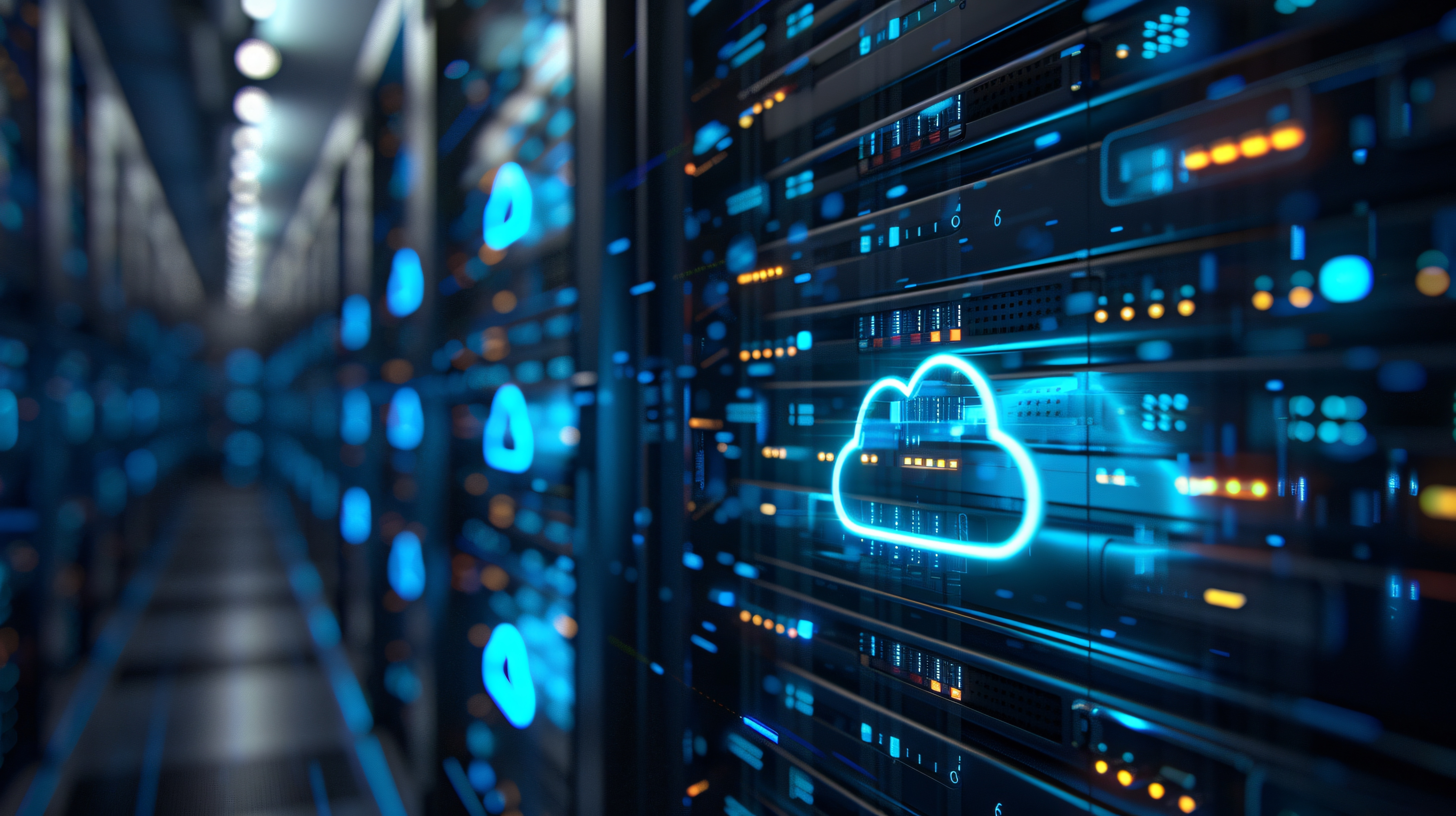 Corredor de um data center com racks de servidores alinhados, luzes LED azuis e laranjas piscando, e um ícone de nuvem digital brilhante sobreposto, representando computação em nuvem e infraestrutura de TI.