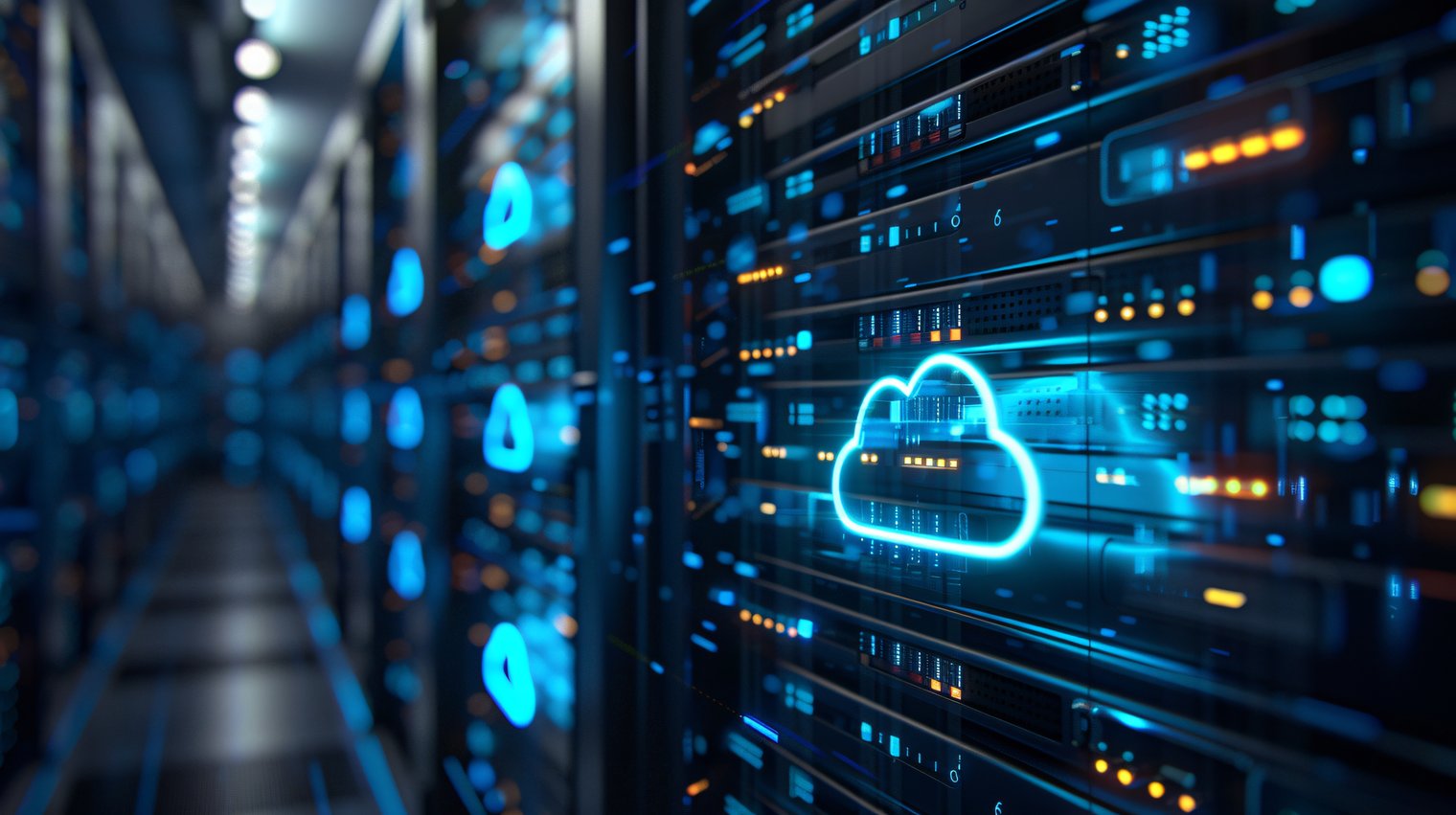 Corredor de um data center com racks de servidores alinhados, luzes LED azuis e laranjas piscando, e um ícone de nuvem digital brilhante sobreposto, representando computação em nuvem e infraestrutura de TI.