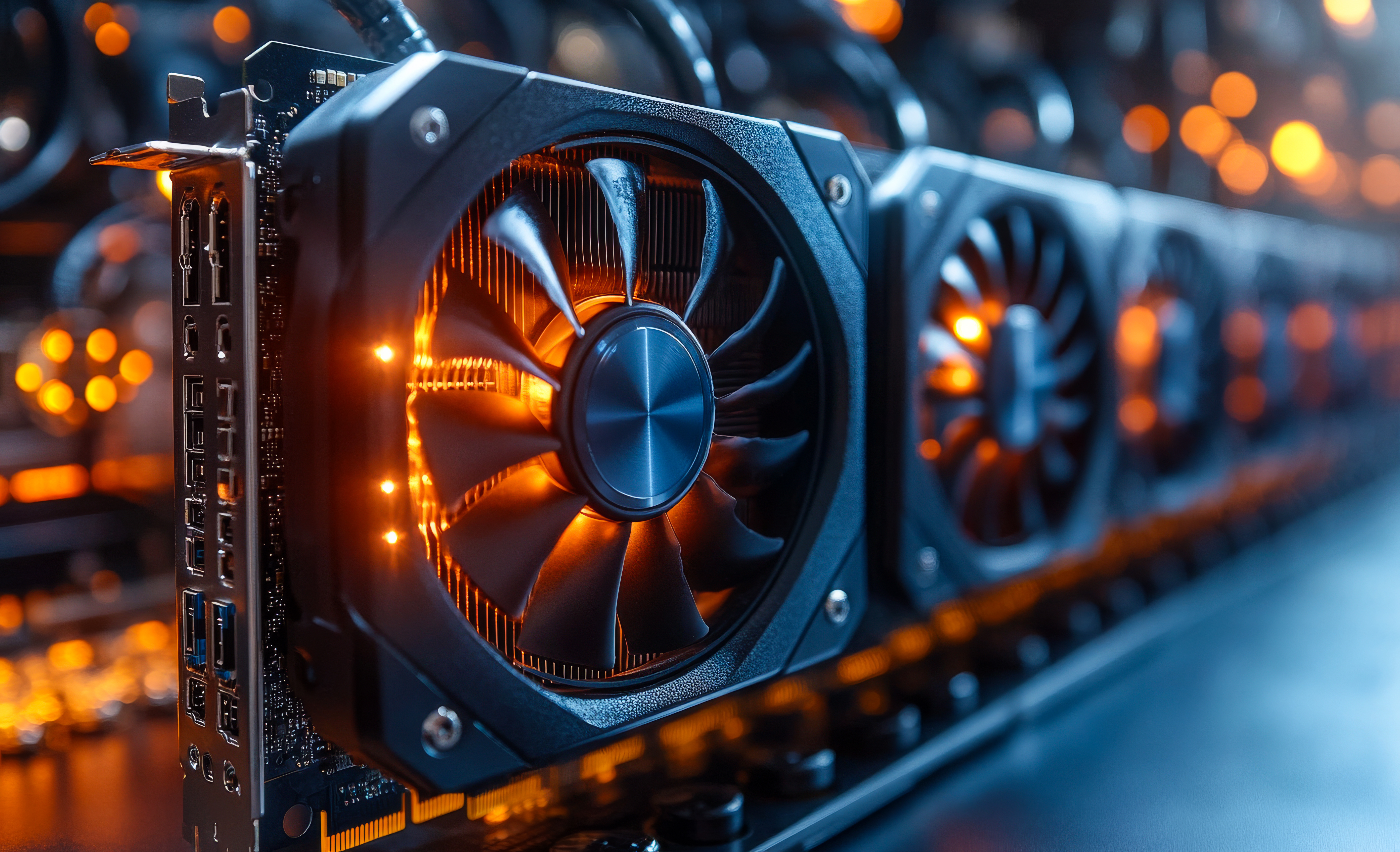 A imagem mostra um close-up de placas de vídeo (GPUs) instaladas em um ambiente de servidores, com destaque para as grandes ventoinhas responsáveis pela refrigeração dos componentes. A cena tem uma estética tecnológica e futurista, com iluminação em tons de azul e laranja, além de pontos de luz ao fundo que reforçam a ideia de um ambiente de alta performance computacional, como um data center voltado para inteligência artificial e processamento de dados.