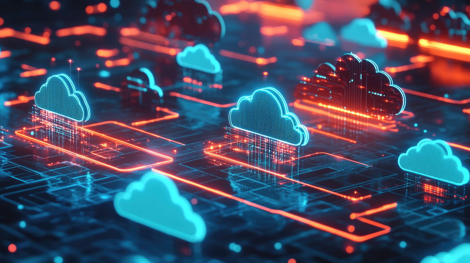 A imagem retrata um **ambiente digital futurista de computação em nuvem**. Vemos vários **ícones de nuvens estilizadas** em tons de azul e ciano, distribuídos sobre uma espécie de **malha ou circuito eletrônico** que lembra uma placa-mãe ou um mapa de rede. Entre essas nuvens, há **linhas luminosas em laranja e vermelho**, conectando os elementos e sugerindo **fluxo de dados, interconectividade e tráfego de informações**. Algumas nuvens parecem “iluminadas por dentro”, com pontos e linhas descendo até a base, reforçando a ideia de **processamento, armazenamento e transferência de dados**. O fundo é escuro, com efeito de profundidade e reflexos, o que dá um ar **high-tech e tridimensional** à cena. No conjunto, a imagem comunica conceitos como **cloud computing, multi-cloud, infraestrutura digital, integração entre ambientes e tecnologia avançada**, com uma estética moderna e tecnológica.