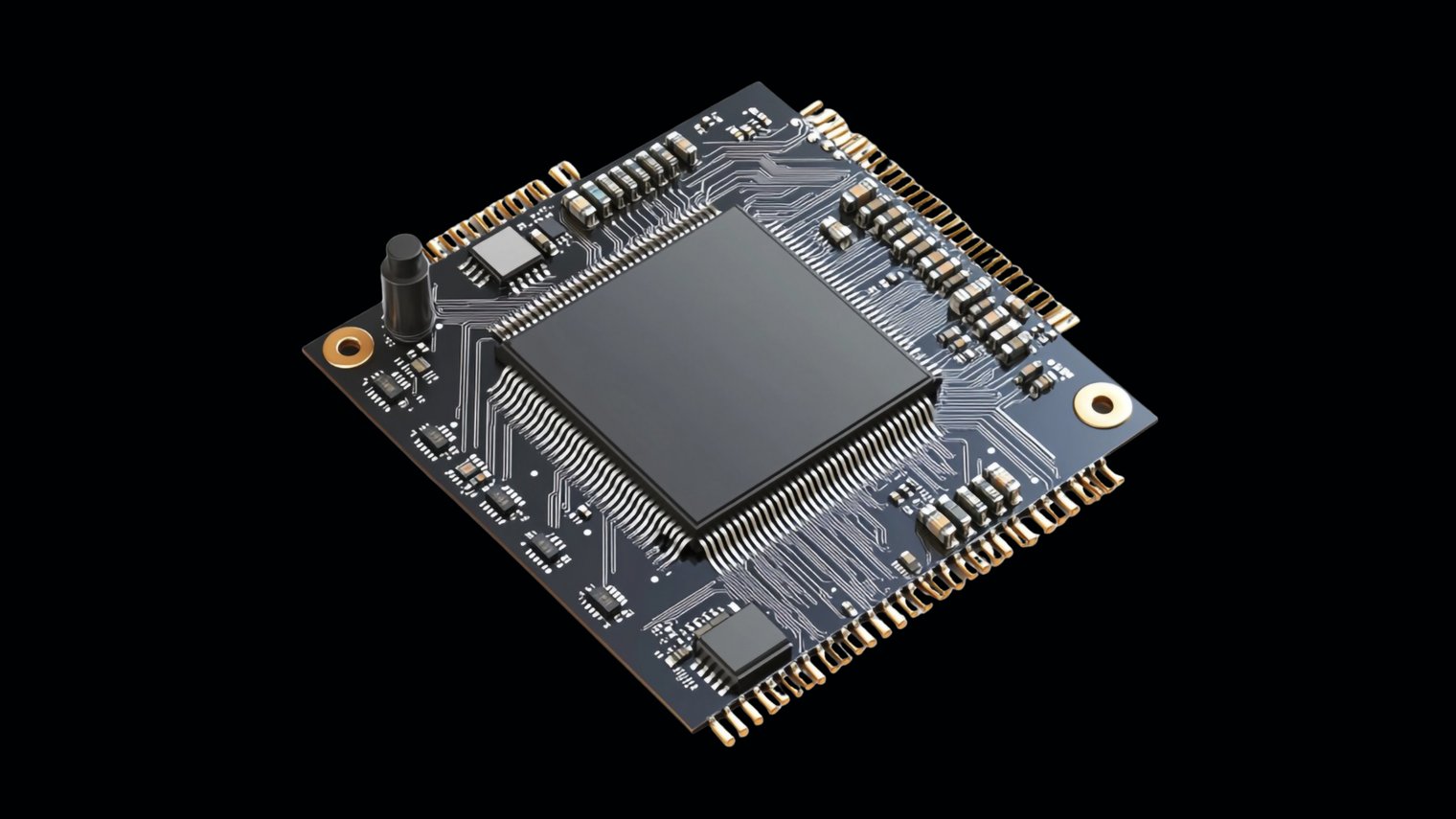 A imagem mostra um chip eletrônico sobre uma placa de circuito impresso (PCB) com fundo totalmente preto, destacando seus detalhes técnicos. No centro da placa, há um processador quadrado de cor escura, conectado por uma série de trilhas metálicas finas que se ramificam pelo circuito, interligando diversos componentes eletrônicos como resistores, capacitores e conectores dourados nas bordas. O design transmite precisão, tecnologia e alta performance, remetendo a conceitos de microprocessadores, hardware, computação avançada e inovação eletrônica.