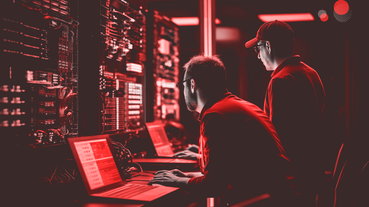 Profissionais de TI analisando servidores em um data center, representando o processo de licenciamento de software e a importância da escolha da licença de software adequada para empresas e usuários.