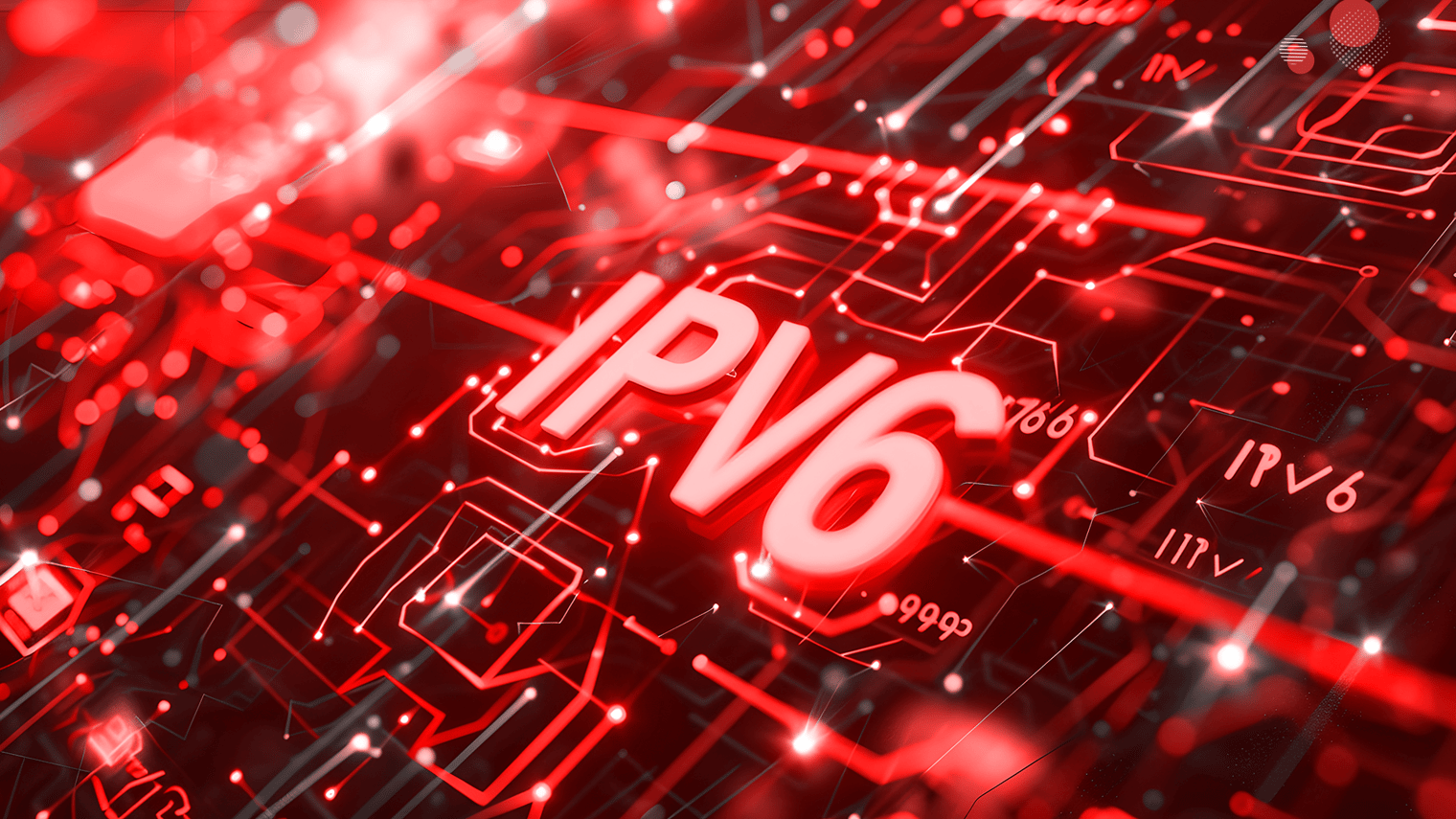 Ilustração digital com o texto “IPv6” em destaque, sobre fundo vermelho com elementos gráficos de rede e tecnologia, representando o conceito de endereçamento IP.