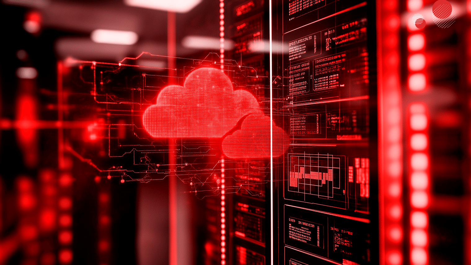 Imagem com tons de vermelho representando Cloud Native e computação nativa em nuvem, exibindo uma nuvem digital formada por pontos de luz sobre um fundo tecnológico com circuitos, gráficos e elementos digitais.