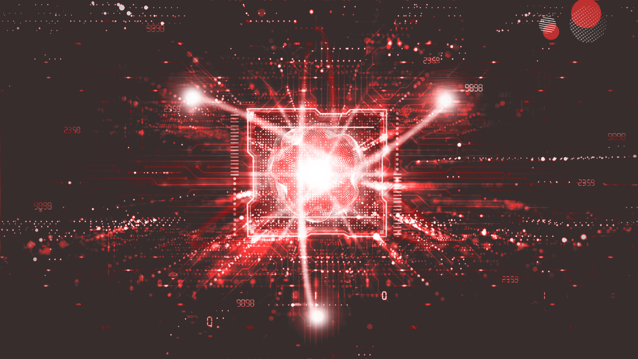 A imagem apresenta uma representação artística de computação quântica e inteligência artificial, com um núcleo luminoso central em forma de cérebro cercado por circuitos e códigos binários em tons de vermelho e preto, simbolizando processamento avançado de dados.