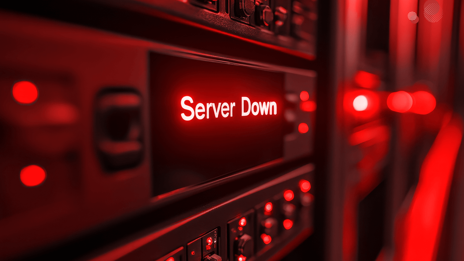 Imagem ilustrando o conceito de downtime, com um servidor fora do ar (Server Down), enfatizando a importância de evitar falhas críticas e garantir a continuidade das operações empresariais.
