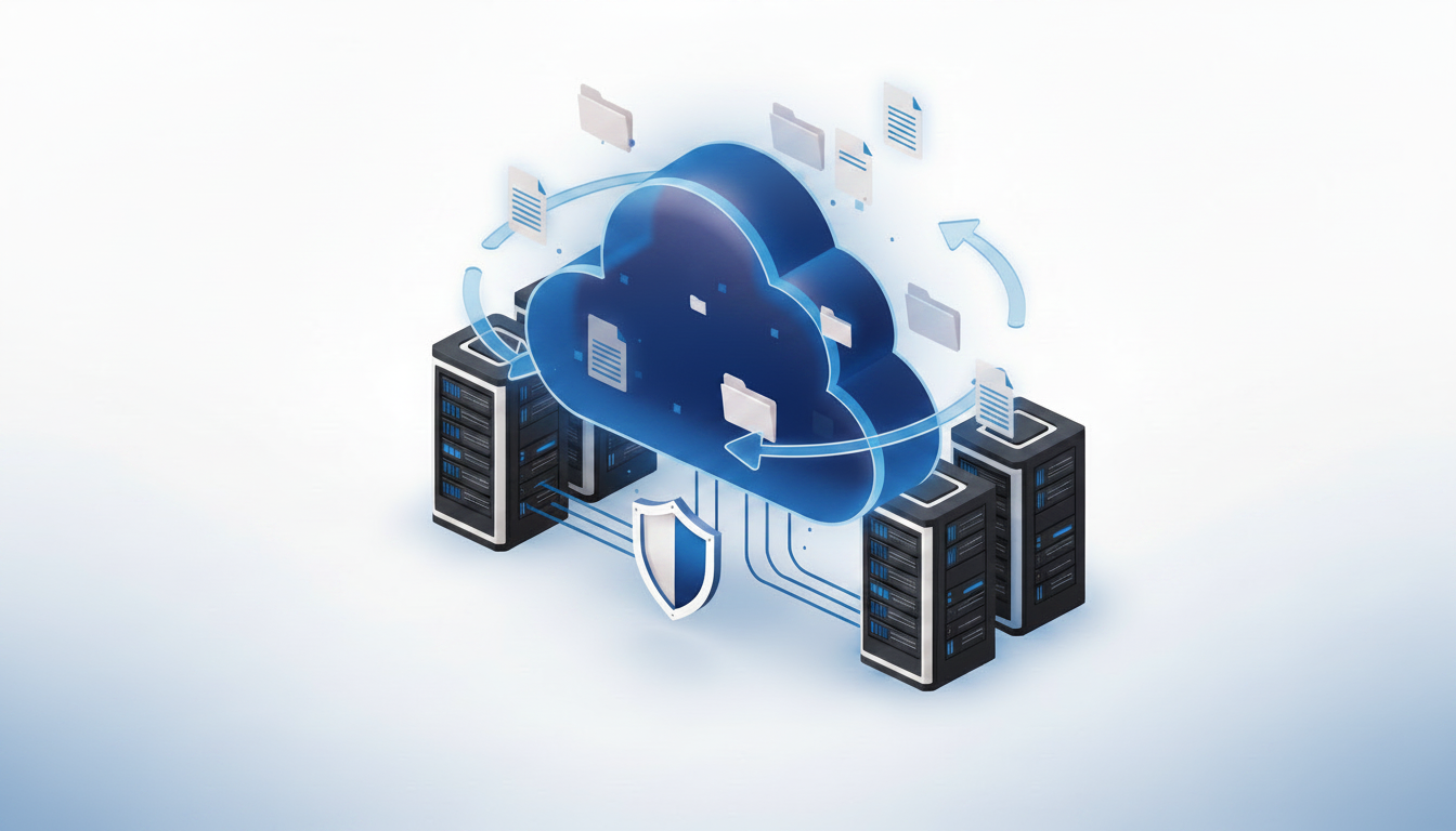 Ilustração corporativa de backup na nuvem com nuvem, servidores e escudo de proteção em azul.