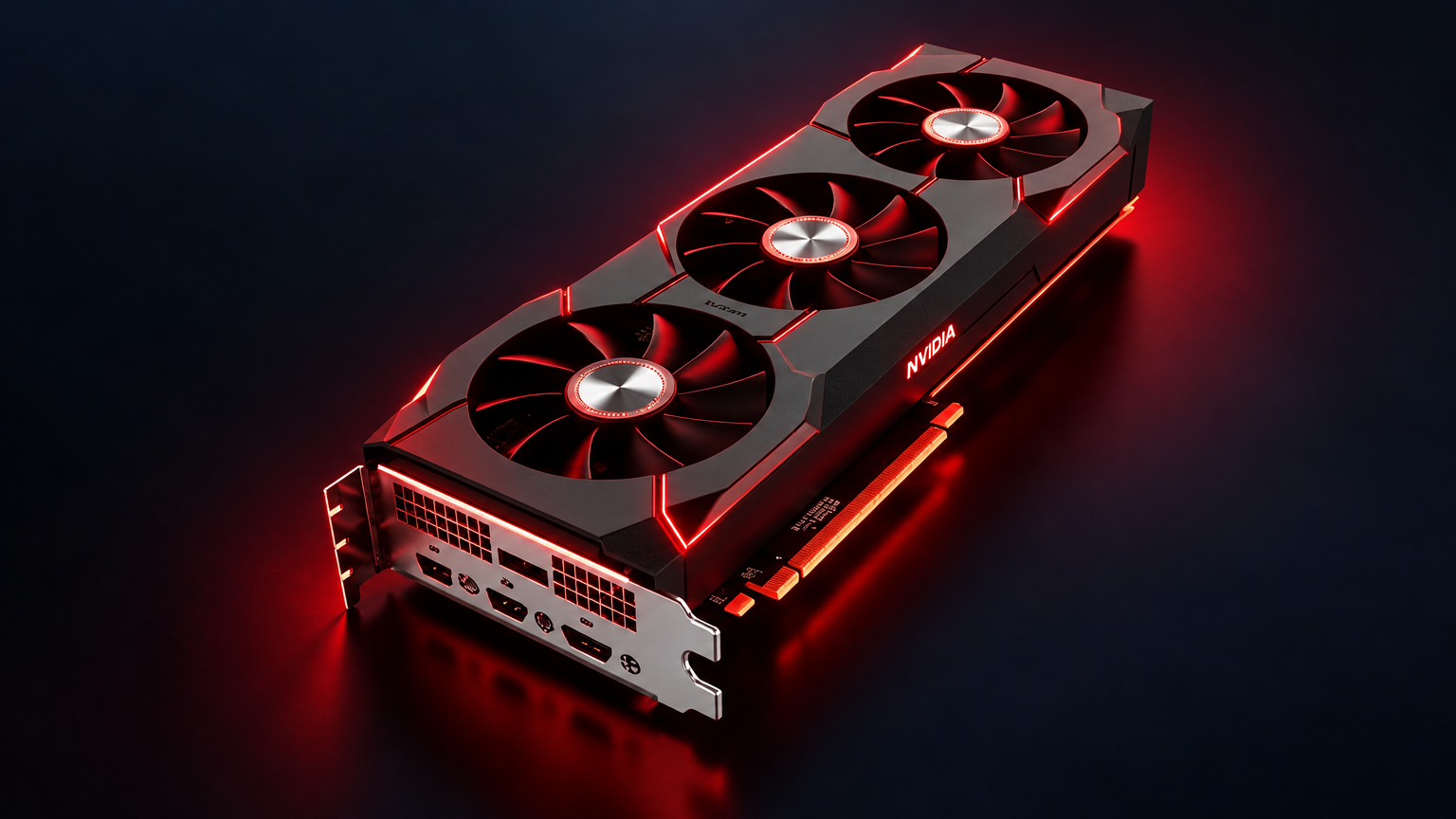 Placa de vídeo NVIDIA com sistema de resfriamento tri-fan, hardware para renderização 3D e vídeo.