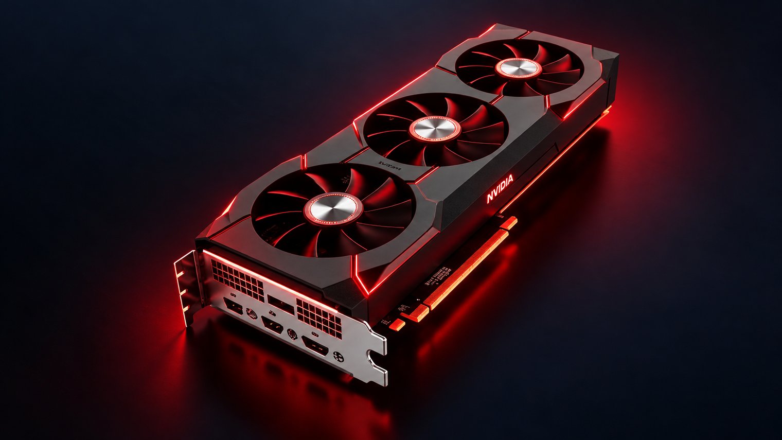 Placa de vídeo NVIDIA com sistema de resfriamento tri-fan, hardware para renderização 3D e vídeo.