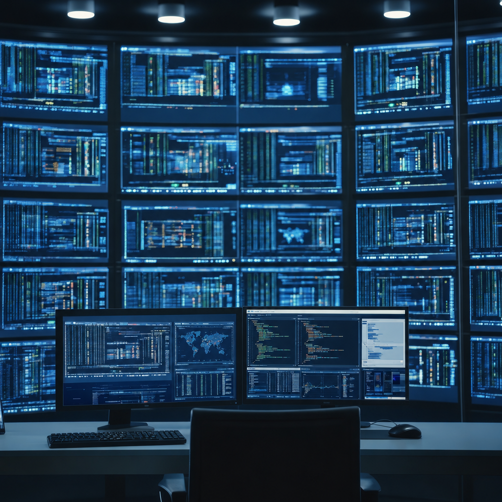 Sala de monitoramento de rede com dezenas de telas organizadas em grade, exibindo fluxos de dados, códigos e painéis de análise em cores azul e branco, iluminada apenas pela luz dos monitores em ambiente escuro e vazio.