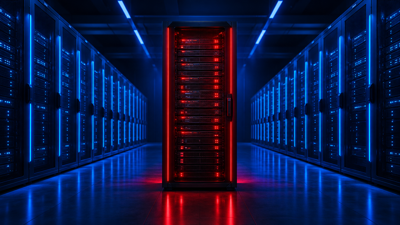 Servidor dedicado em destaque no centro de um corredor de data center moderno, iluminado por luzes LED azuis e com destaque em vermelho no equipamento principal, representando infraestrutura de alta performance para empresas.