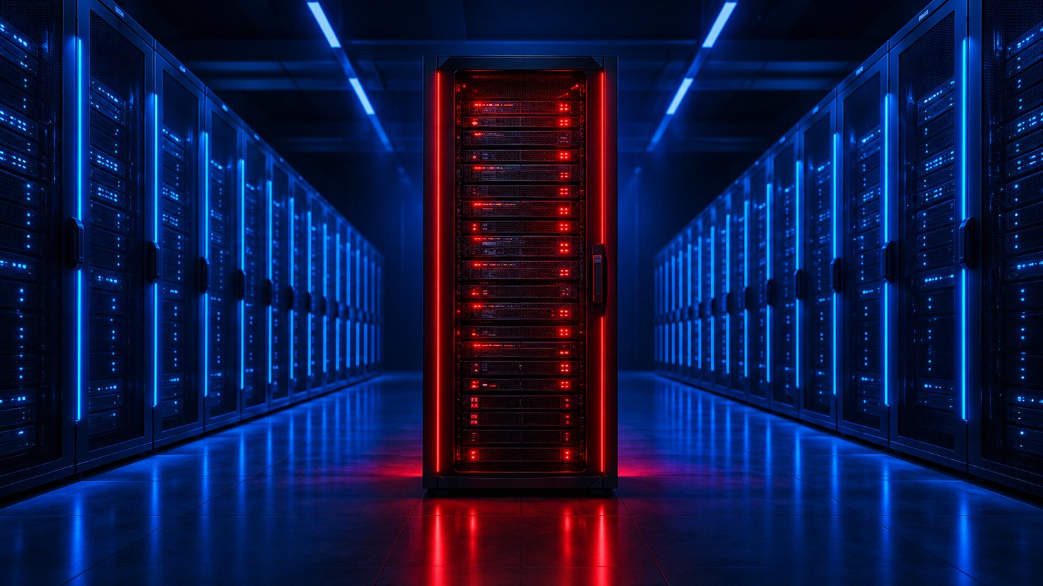 Servidor dedicado em destaque no centro de um corredor de data center moderno, iluminado por luzes LED azuis e com destaque em vermelho no equipamento principal, representando infraestrutura de alta performance para empresas.
